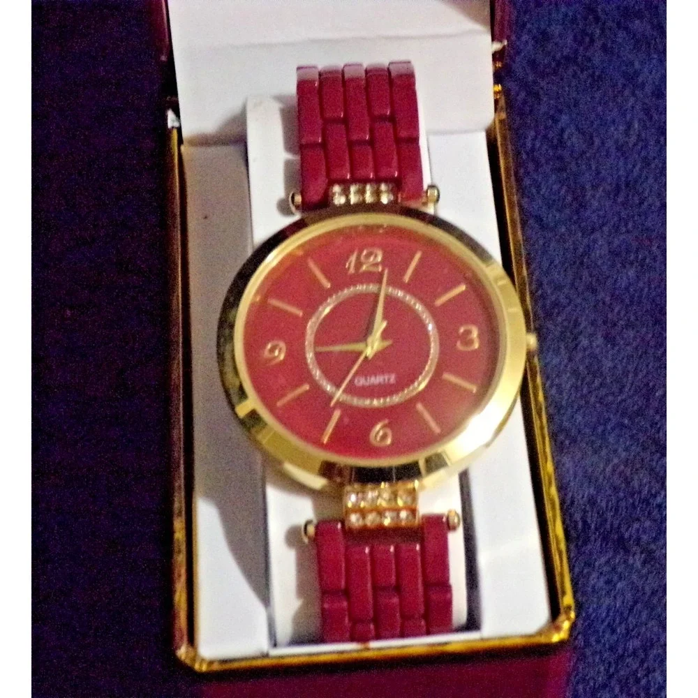Geneva Maroon & Gold Tone Women's Wristwatch 9